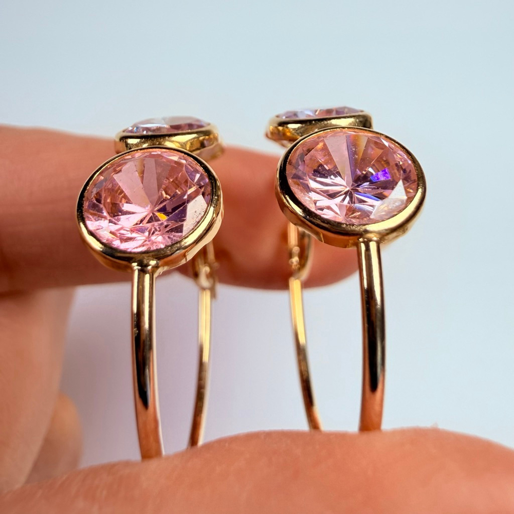 14K Solid Yellow Gold Rock Candy Gemstone Modern Hoop Earrings 28MM - Picture 5 of 13